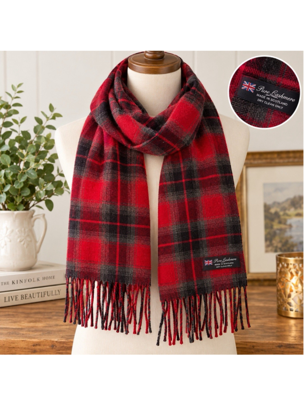 100% Cashmere Tartan Plaid Scarf Red Black Fringe Made in Scotland